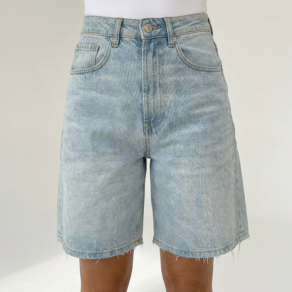Novéra Denim Bermuda Shorts Damen in Hellblau – sitzende Pose mit Pinterest-Girl Look