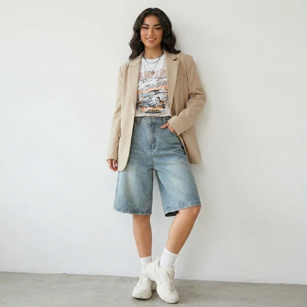 Modell trägt Vayla Denim Bermuda Shorts in Hellblau mit beigem Oversized-Blazer, Graphic Crop Top und weißen Sneakers – Streetstyle Look