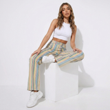 Pastellfarbene Wide-Leg Hose Damen Detailansicht des Streifenmusters