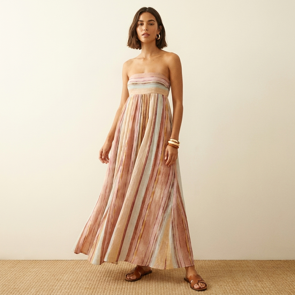 Gestreiftes Maxikleid Damen mit Bandeau-Top in Pastellstreifen – Maeva von Talaine, Vorderansicht
