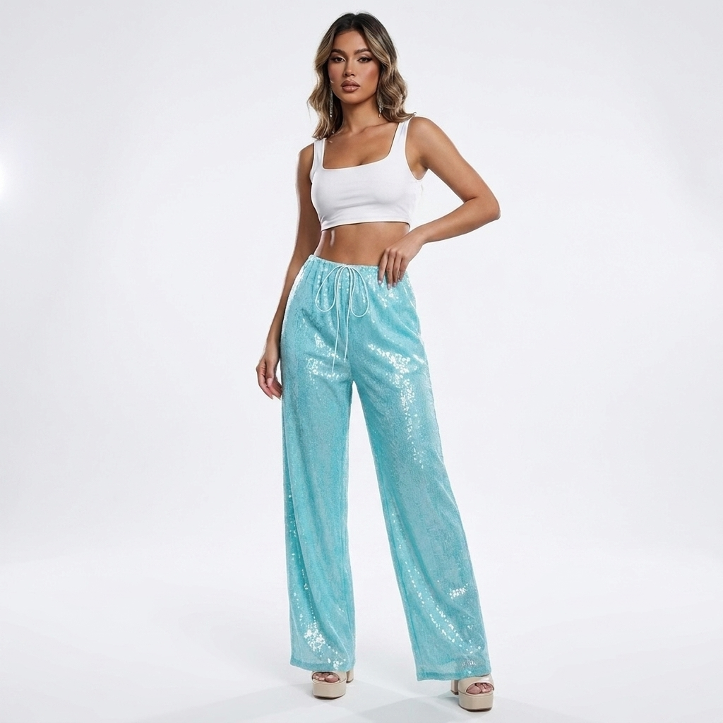 Celestina Pailletten Palazzohose Damen mit weitem Bein