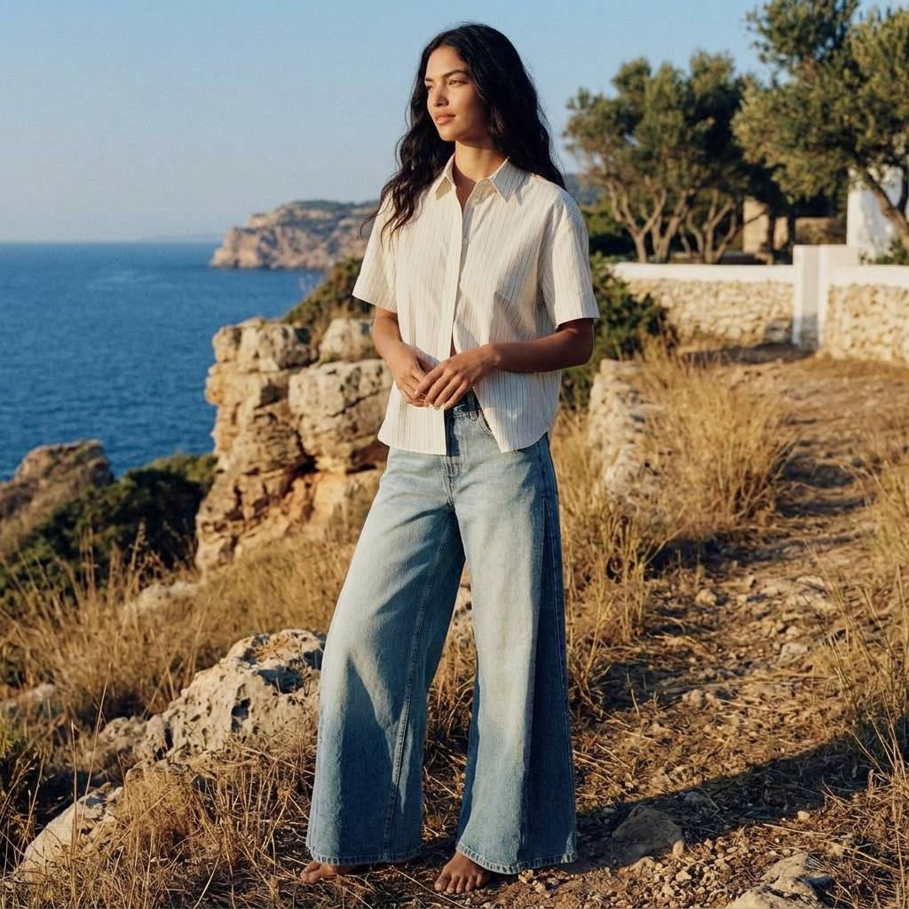 Harper Wide-Leg-Jeans mit doppeltem Taillenbund in heller Waschung am Model