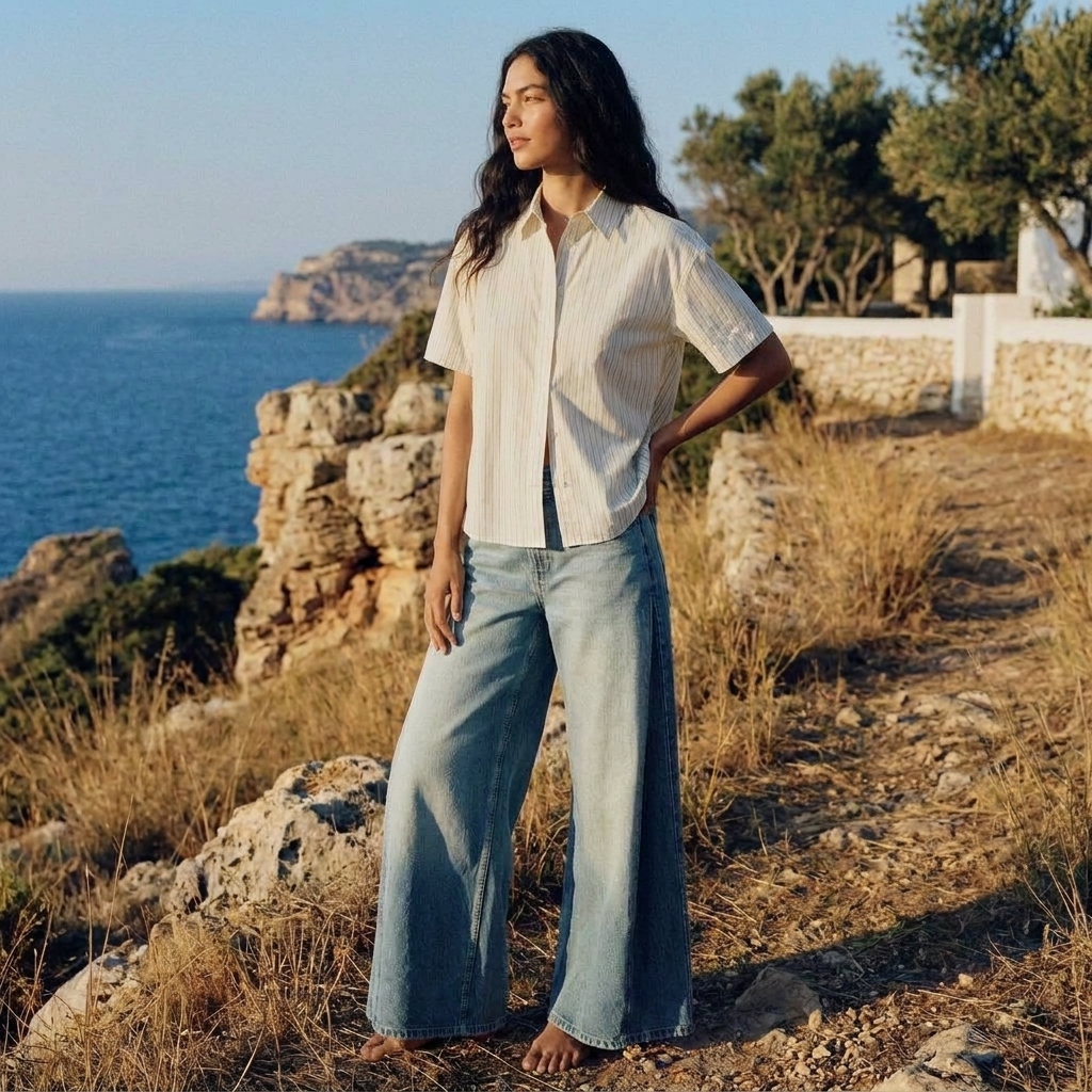 Harper Jeans mit doppeltem Bund und weitem Bein, Ganzkörperansicht
