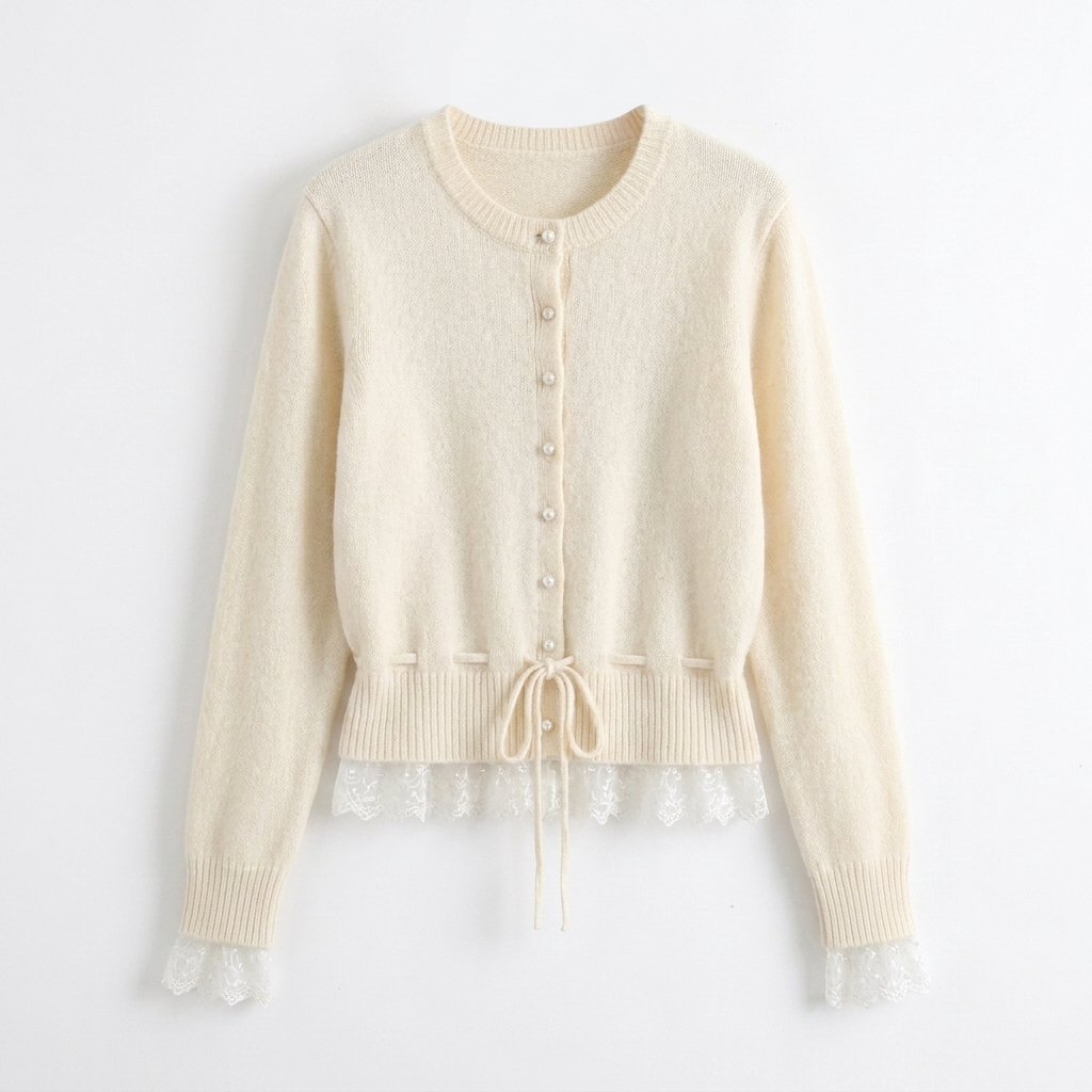 Camille Strickjacke in Creme mit Spitzensaum, Produktansicht