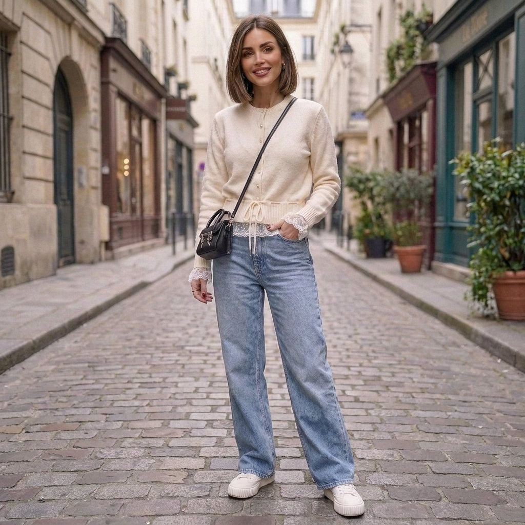 Camille Strickjacke mit Spitzendetails in Creme am Model