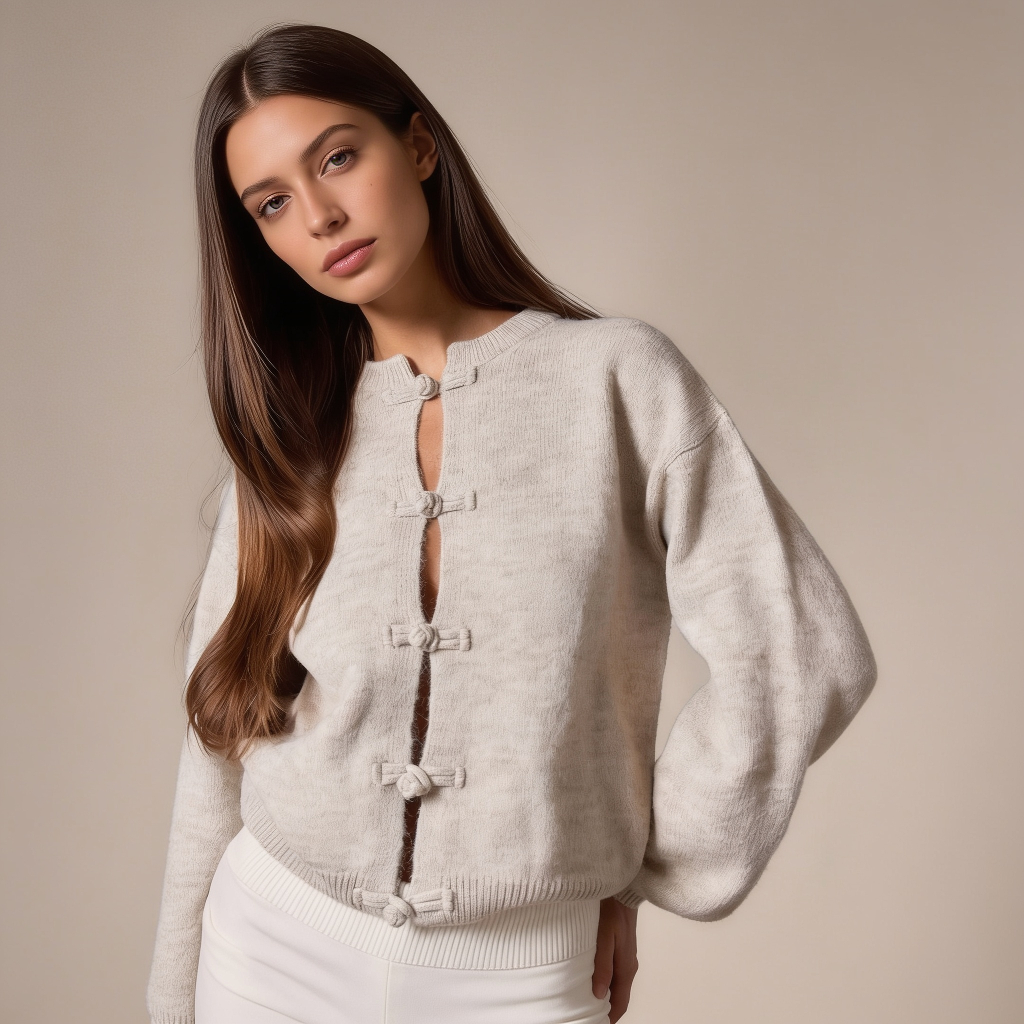 Amélie Strickjacke in Beige mit Knopfverschluss am Model
