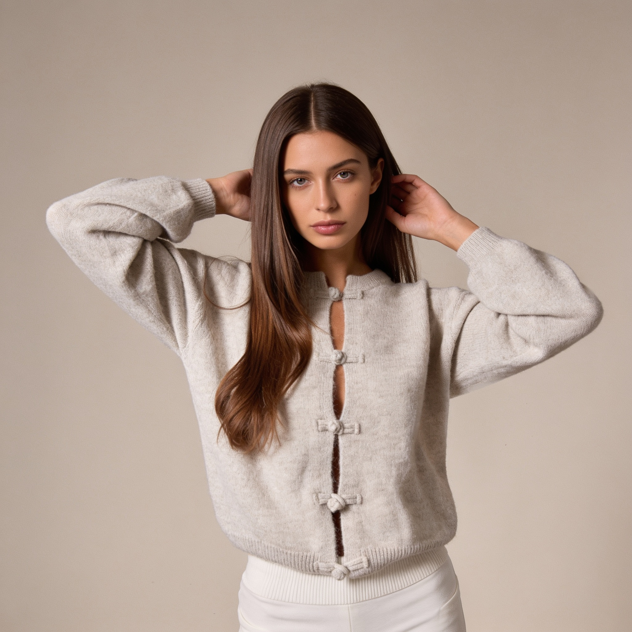 Amélie Strickjacke in Beige mit entspannter Passform, seitliche Ansicht