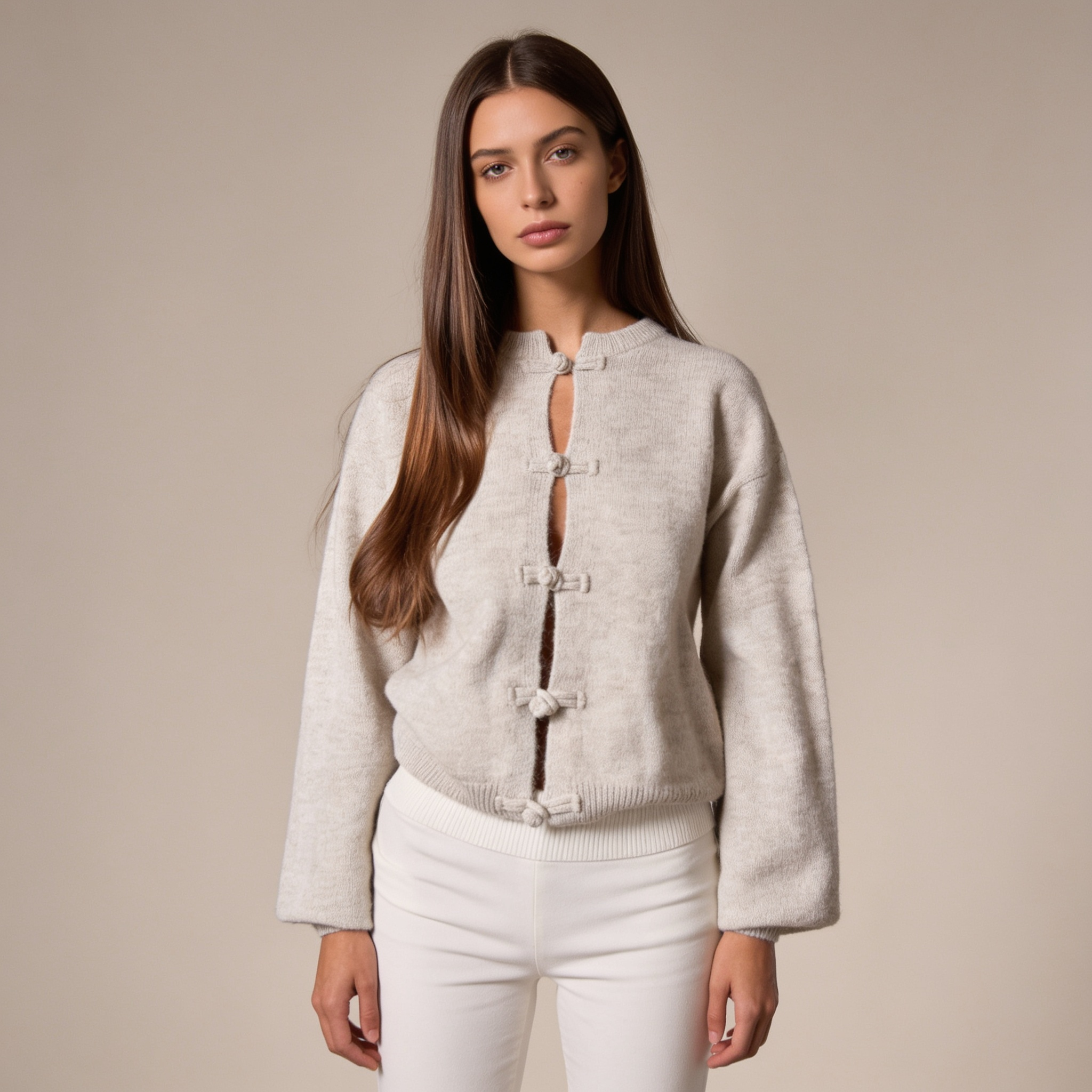 Amélie Strick-Cardigan in Beige mit dekorativen Knöpfen