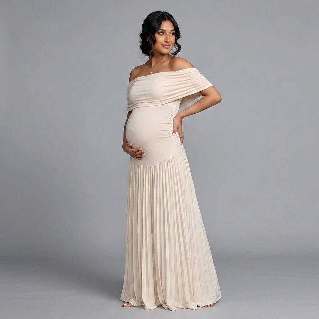 Isaline Maxi-Umstandskleid in Creme mit fließendem Rock