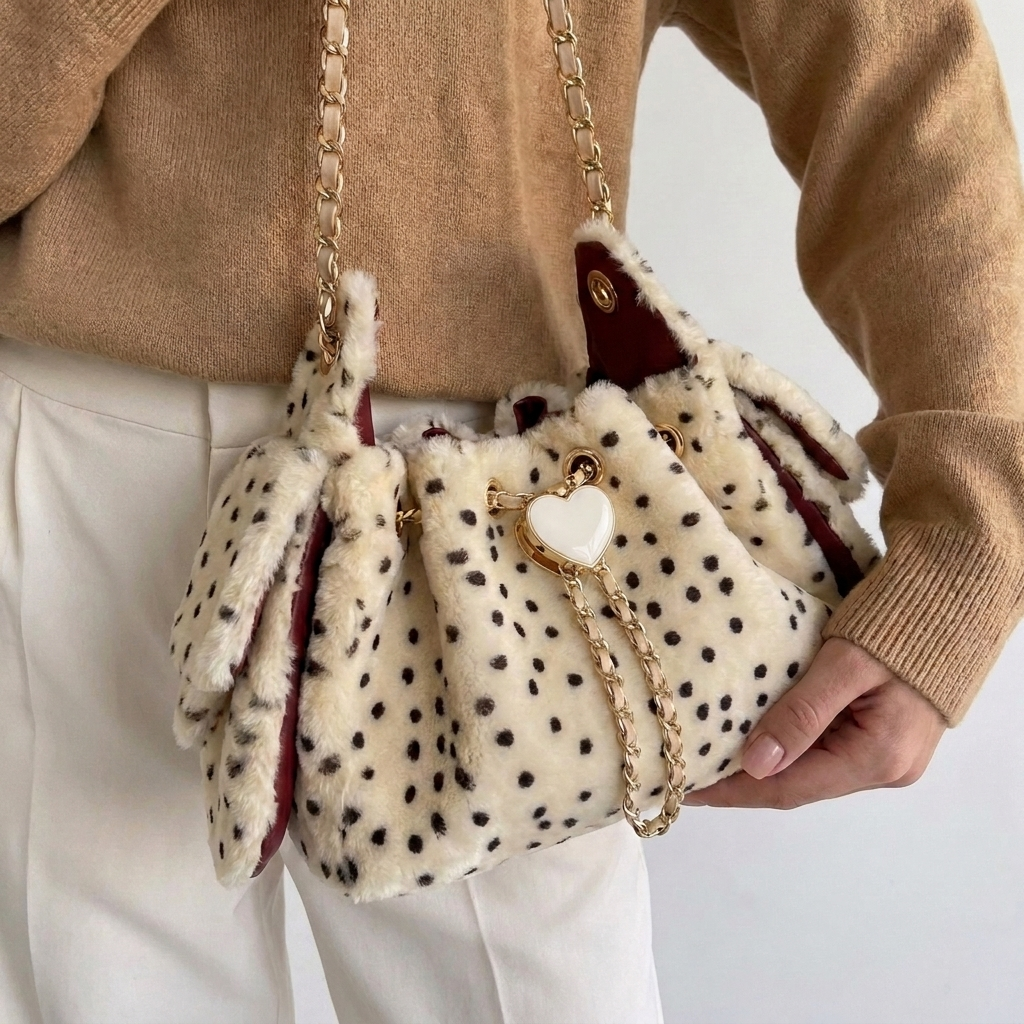 Odette Faux-Fur-Schultertasche mit Leopardenprint und goldenem Herzdetail in Beige