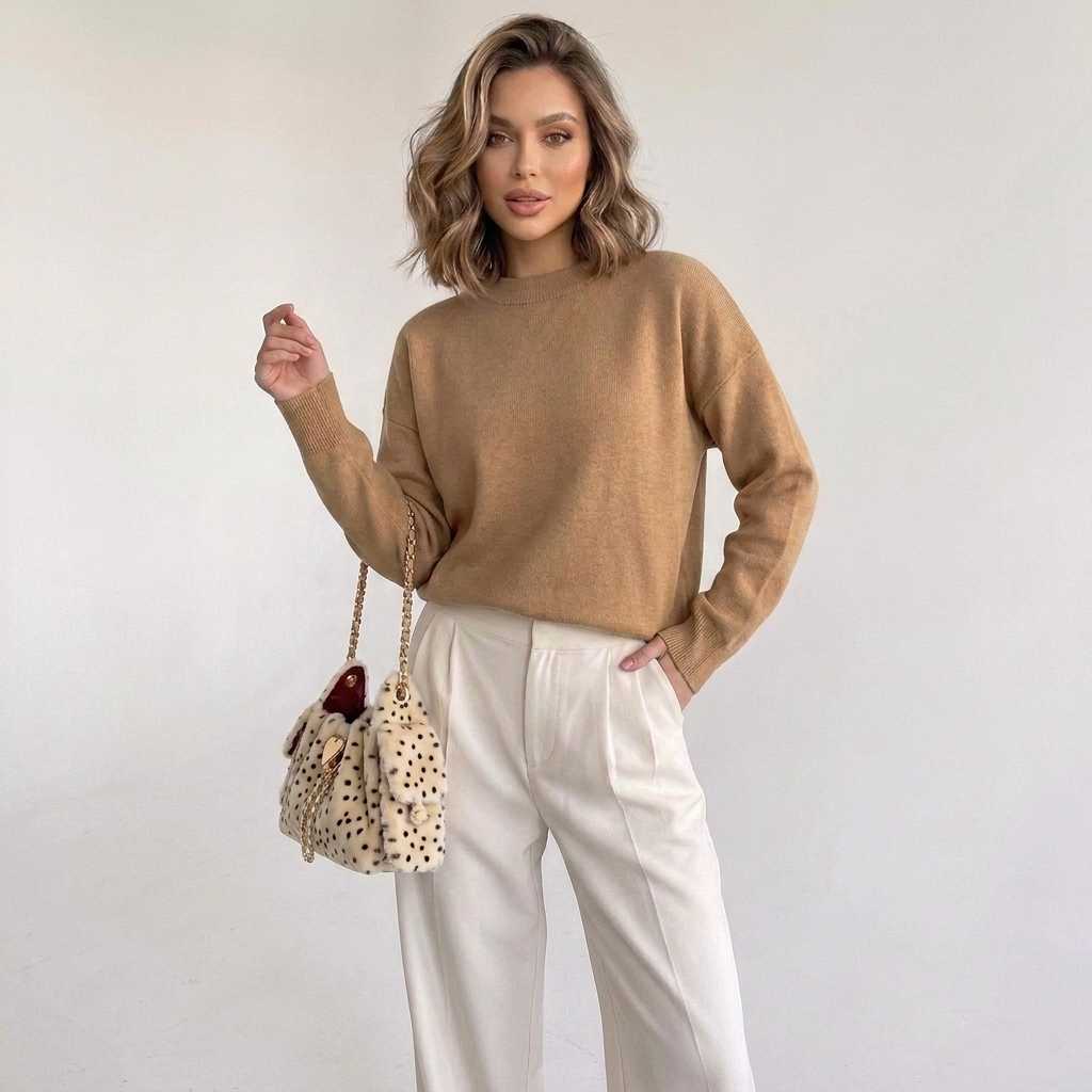 Beige Faux-Fur-Schultertasche mit Leopardenprint am Modell getragen