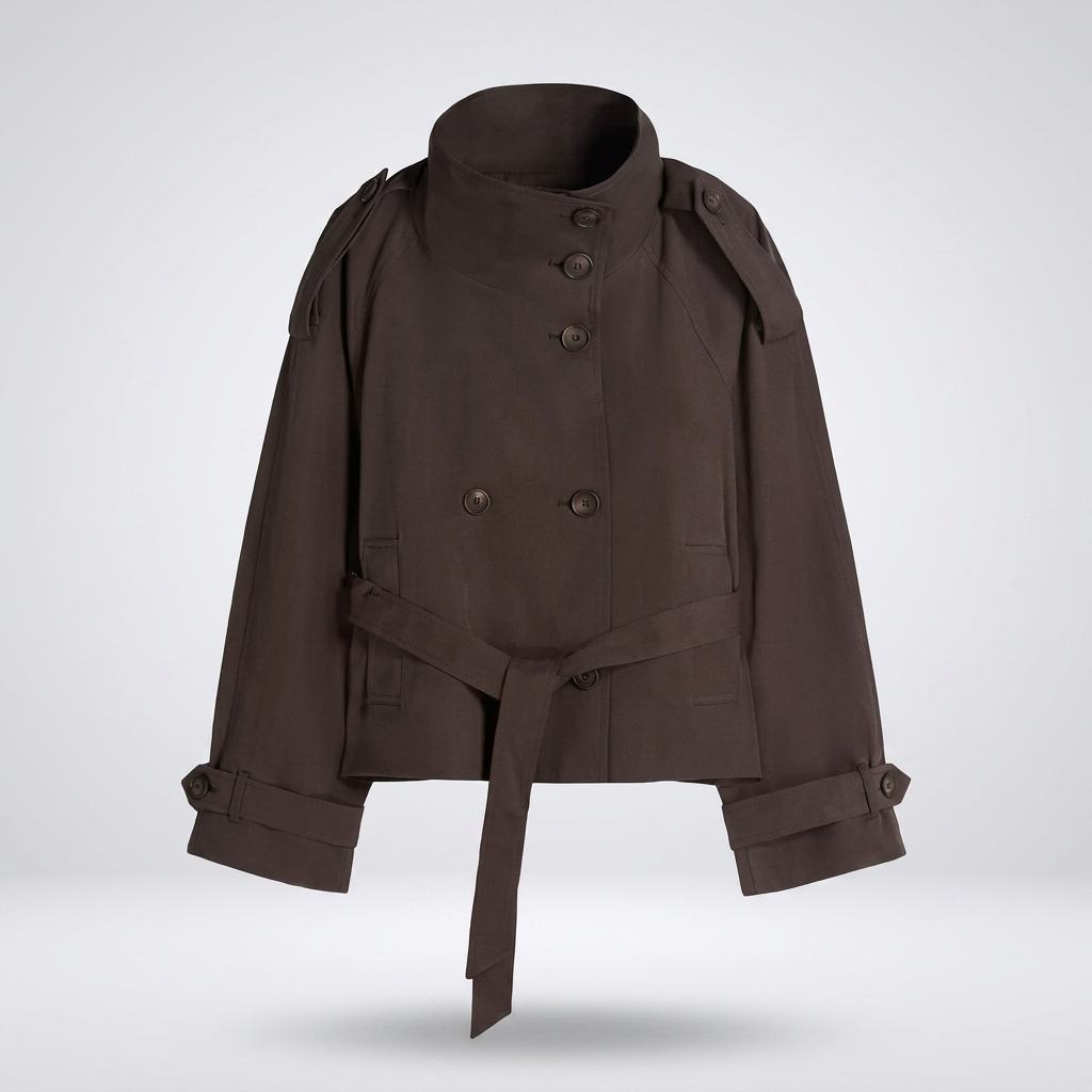 Brauner kurzer Trenchcoat Damen mit Knopfleiste und hohem Kragen