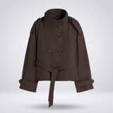 Brauner kurzer Trenchcoat Damen mit Knopfleiste und hohem Kragen