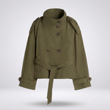 Olivgrüner kurzer Trenchcoat Damen mit hohem Kragen und Gürtel