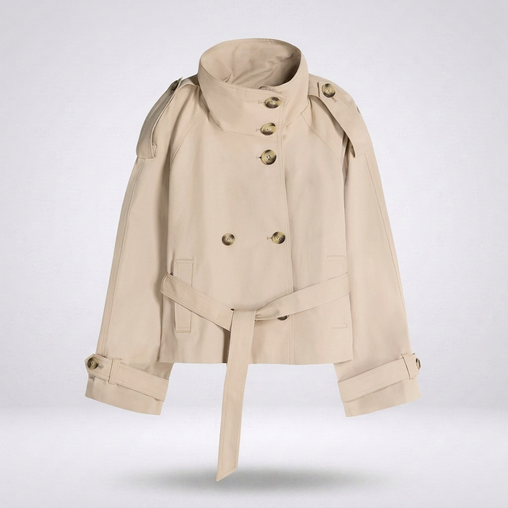 Beiger kurzer Trenchcoat Damen mit Knopfleiste und hohem Kragen