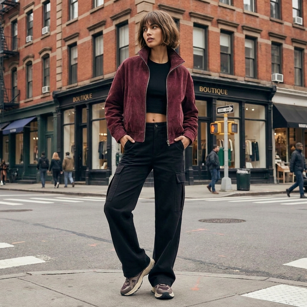 Mavelle Bordeaux Bomberjacke Damen in Wildleder-Optik mit Stehkragen am Modell