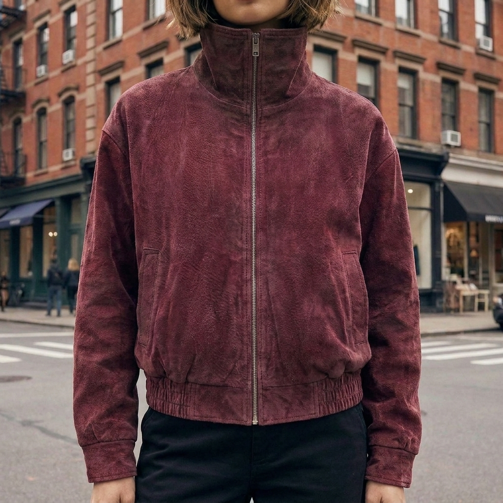 Bordeauxrote Bomberjacke Damen mit hohem Kragen im Streetstyle-Look