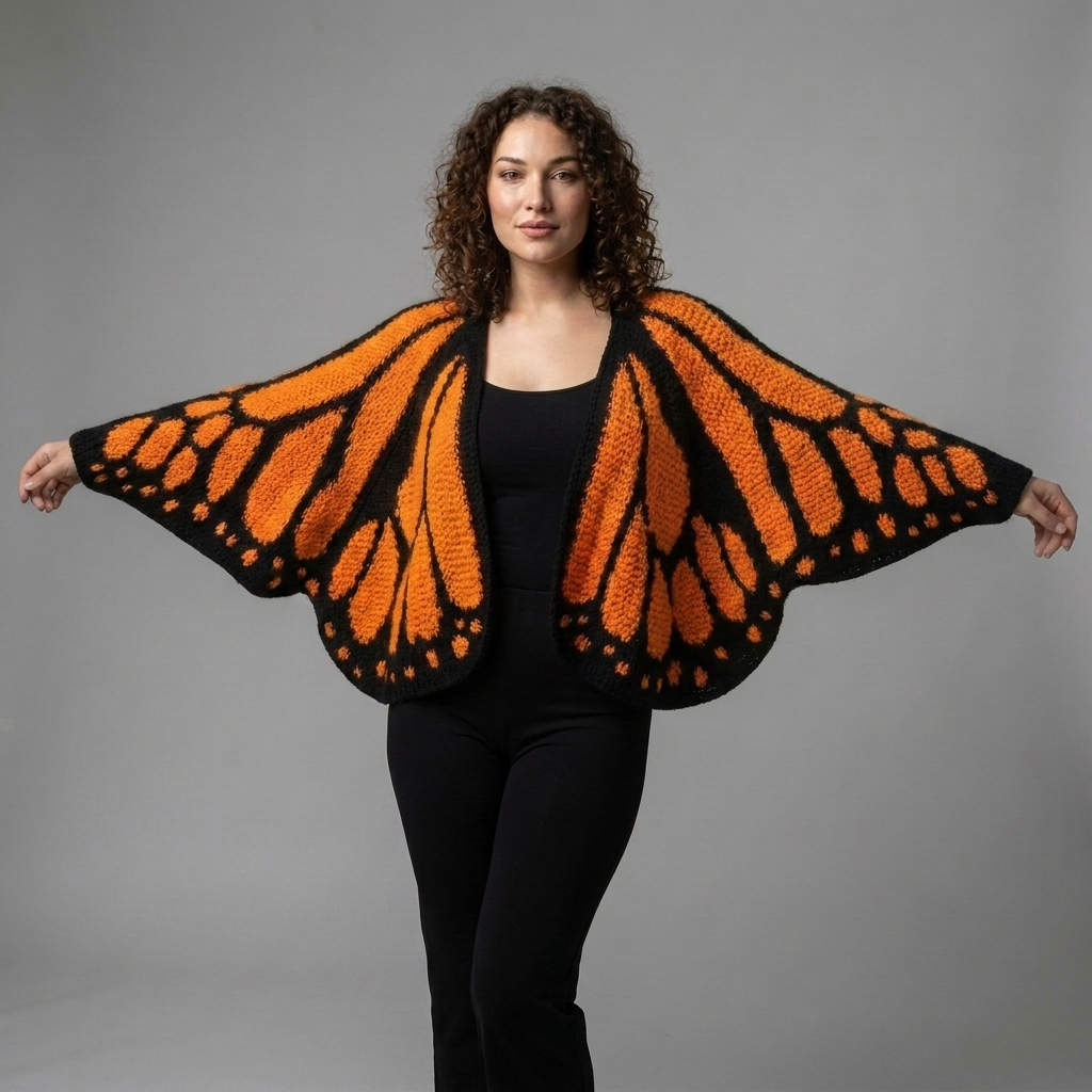 Mariposa gestrickter Schmetterling-Cardigan mit Oversized-Ärmeln in Orange am Modell