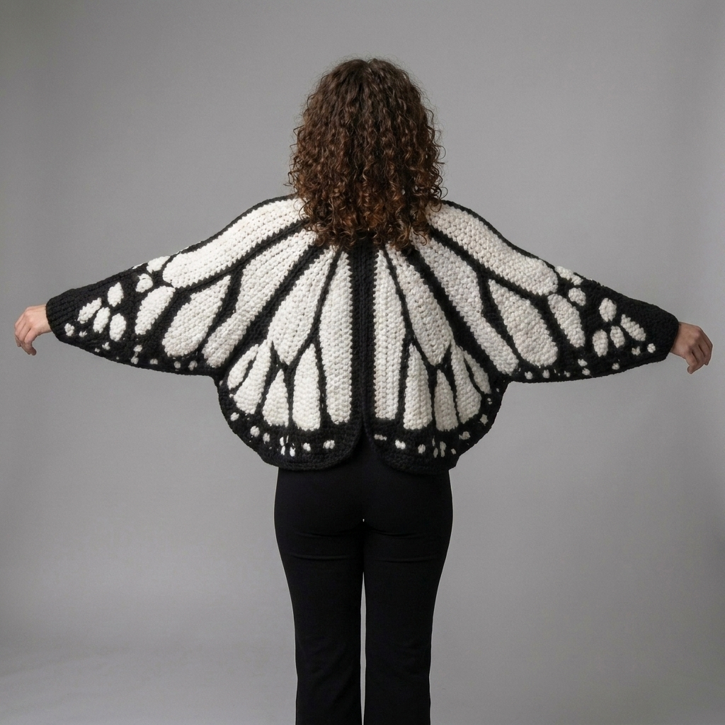 Klassischer weißer Schmetterling-Cardigan mit grafischem Flügelmuster