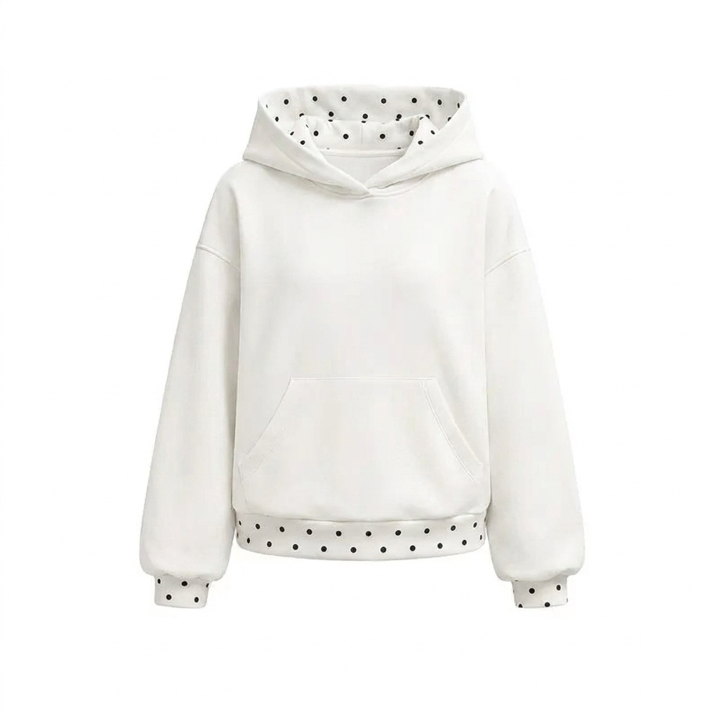 Cremefarbener Kapuzenpullover ohne Reißverschluss mit Punkte-Detail Produktansicht