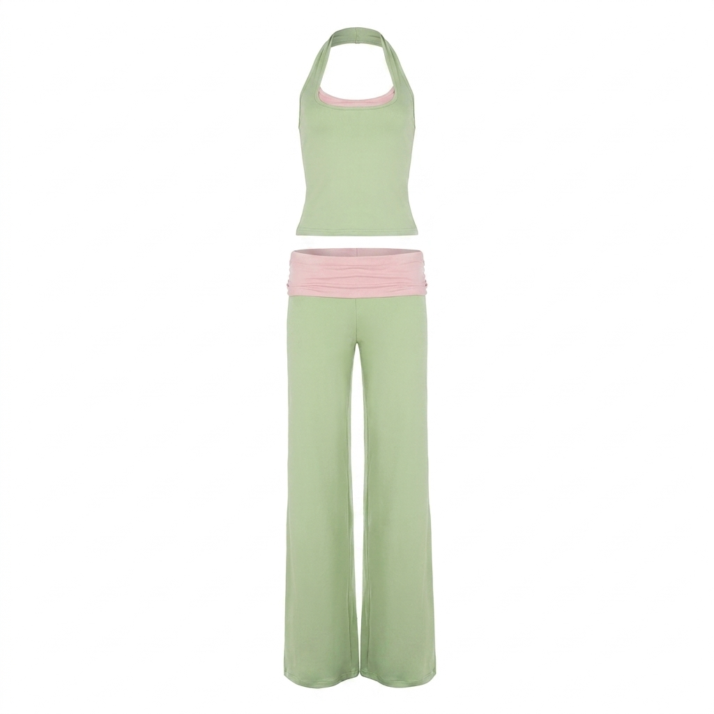 Athleisure Set Damen in Matcha-Grün mit rosa Akzenten für Yoga und Freizeit