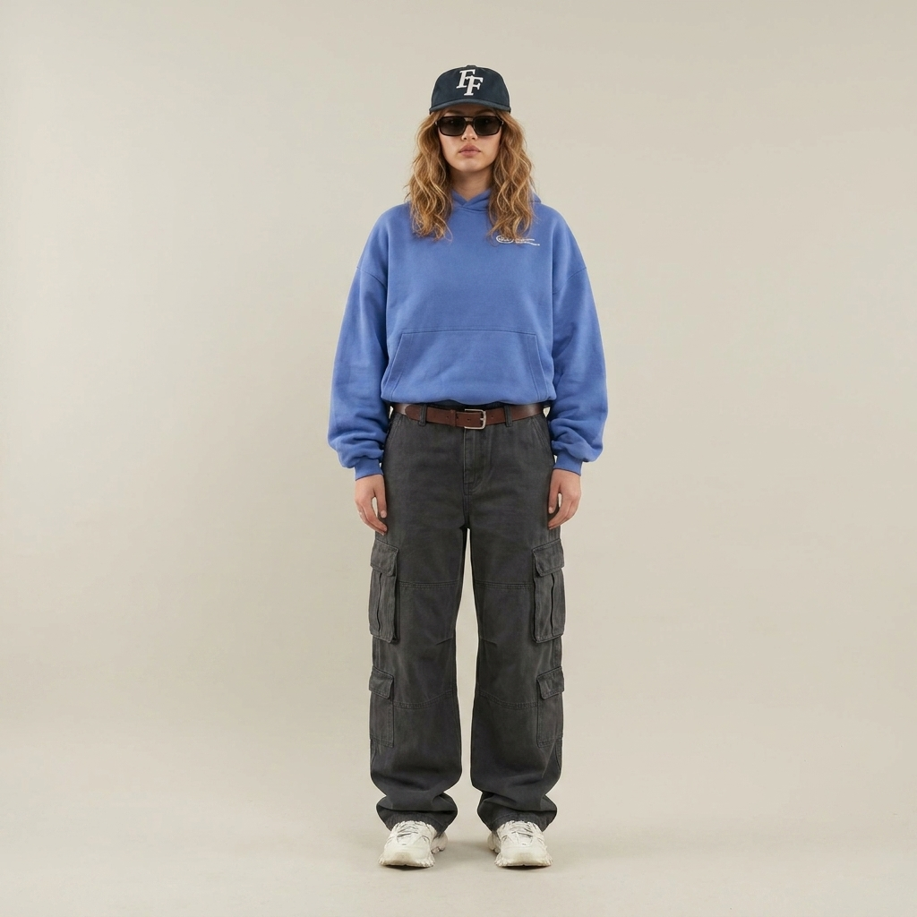 Blauer Oversized Hoodie Damen am Modell im Streetstyle-Look