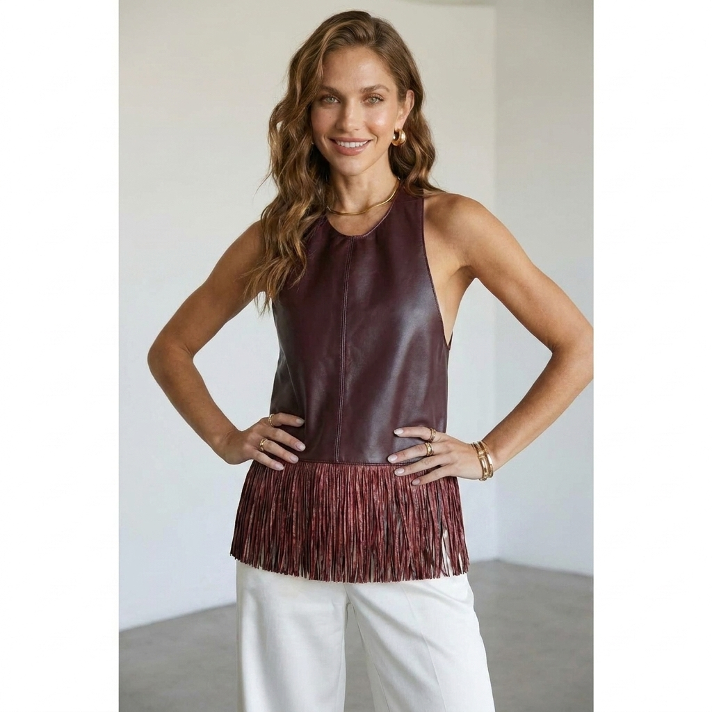 Bordeauxrotes Neckholder-Top aus Kunstleder mit breiter Fransenkante für Damen
