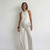 Off-White Neckholder-Top aus Kunstleder mit Fransen und offenem Rücken