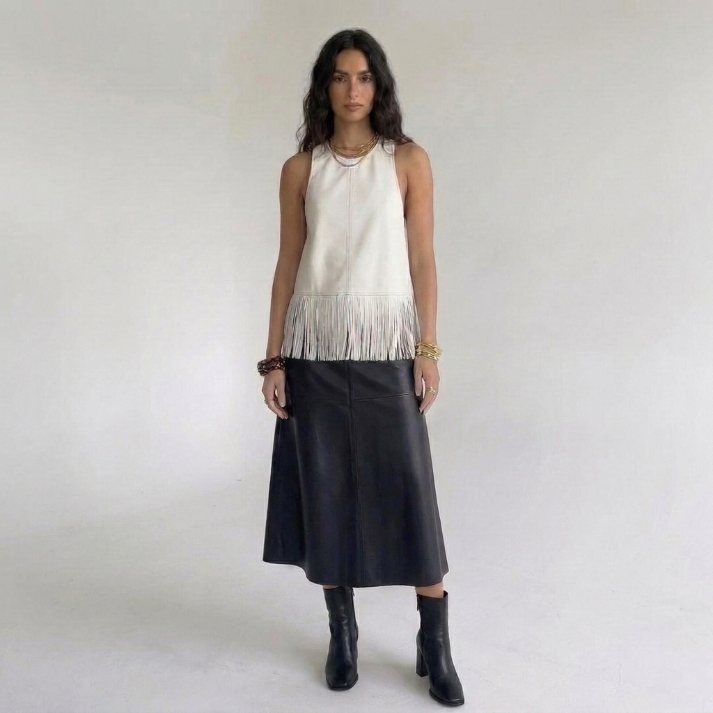 Elegantes Kunstleder-Top mit Neckholder-Ausschnitt und Fransensaum