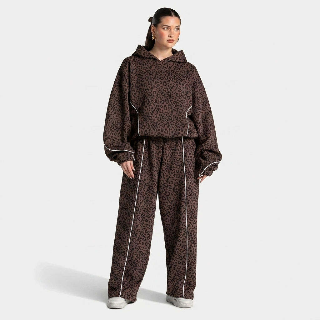 Loungewear Damen im Leo-Print mit elastischem Bund und Eingrifftaschen