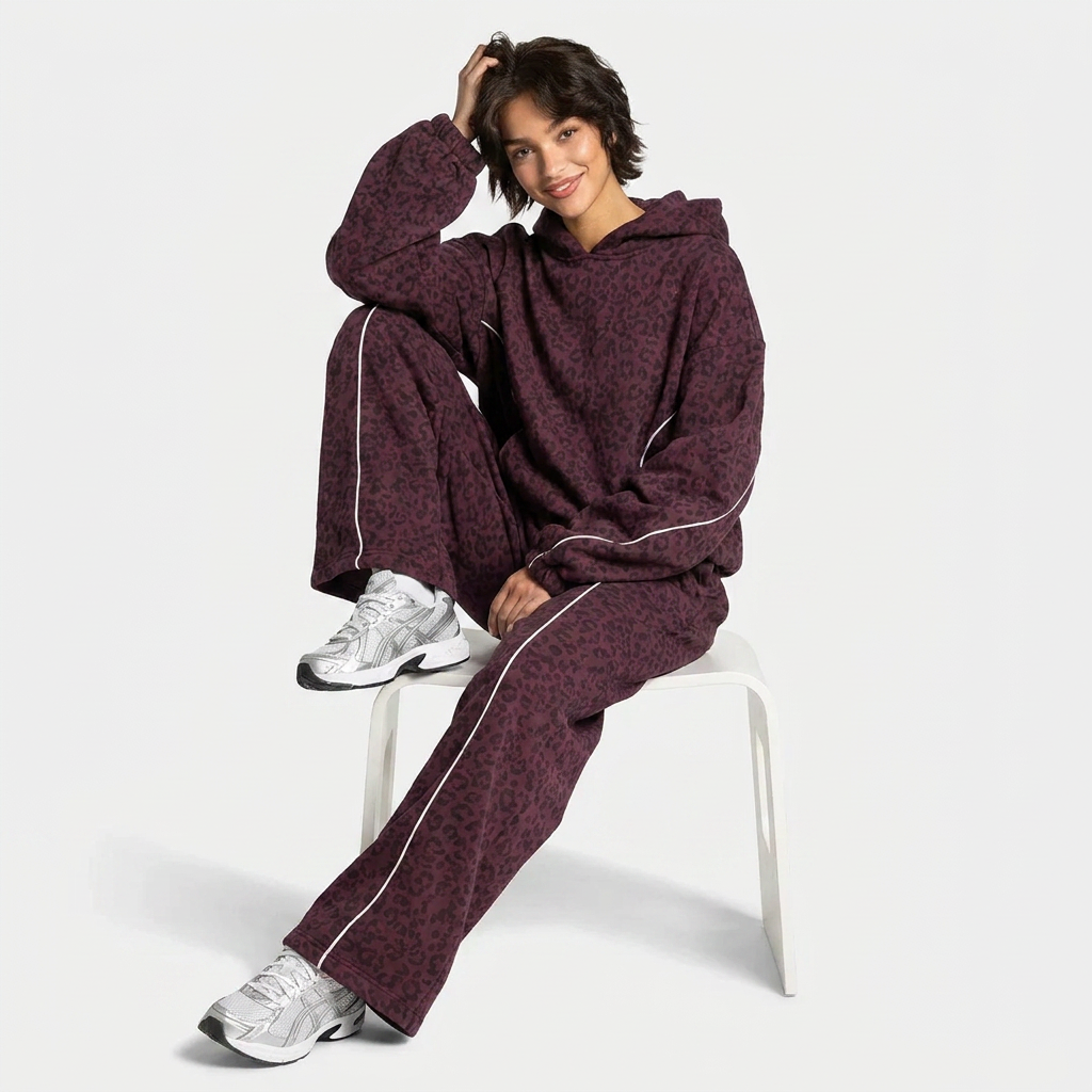 Oversized Leoparden Hoodie Damen mit Ballonärmeln und gerüschtem Saum