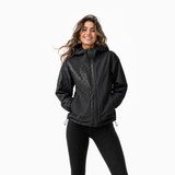 Wasserabweisende Regenjacke Damen in Schwarz mit nassem Leoparden-Print und Reißverschluss