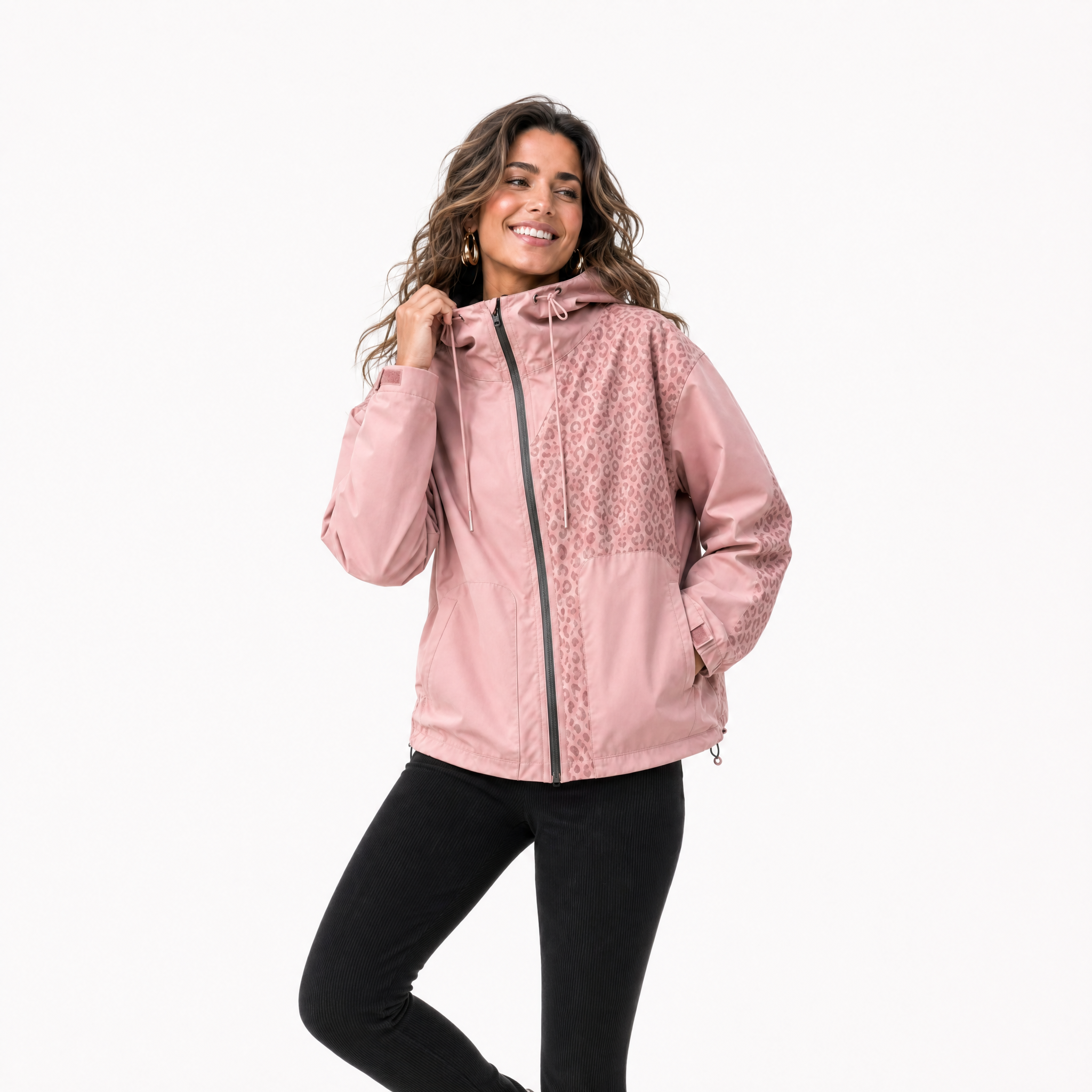 Regenjacke Damen in Rosa mit sichtbarem Leo-Print und Kapuze