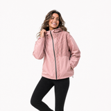 Rosa Regenjacke Damen mit verstecktem Leoparden-Print, der bei Nässe erscheint
