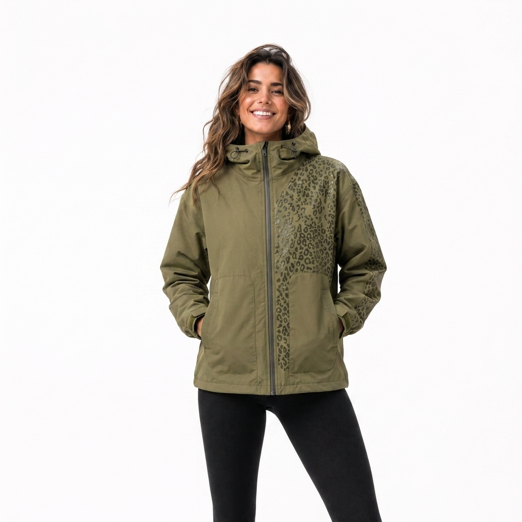 Olivgrüne Regenjacke Damen mit Leoparden-Print, der bei Regen erscheint