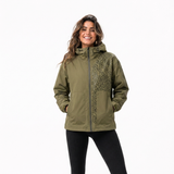 Olivgrüne Regenjacke Damen mit Leoparden-Print, der bei Regen erscheint