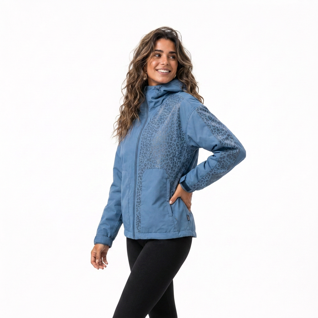 Jeansblaue Regenjacke Damen seitlich mit nassem Leo-Muster