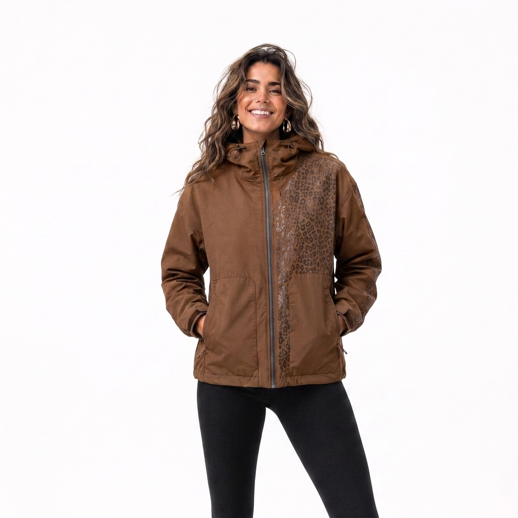 Braune Regenjacke Damen mit verstecktem Leoparden-Print bei Nässe