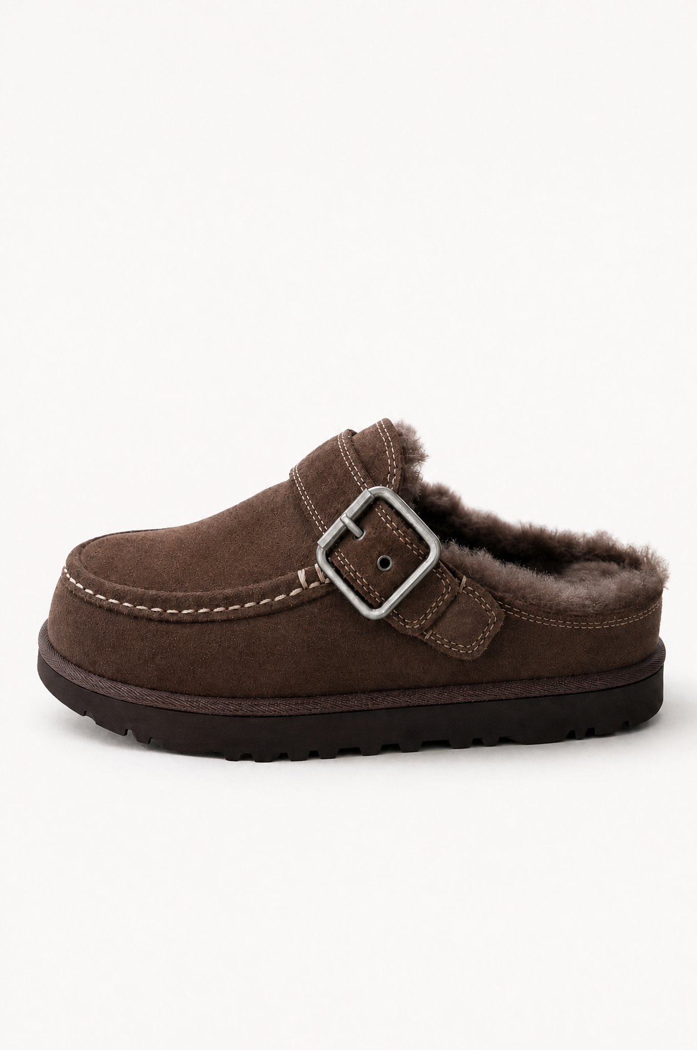 Dunkelbraune gefütterte Leder-Clogs Damen mit drehbarer Schnalle, Seitenansicht