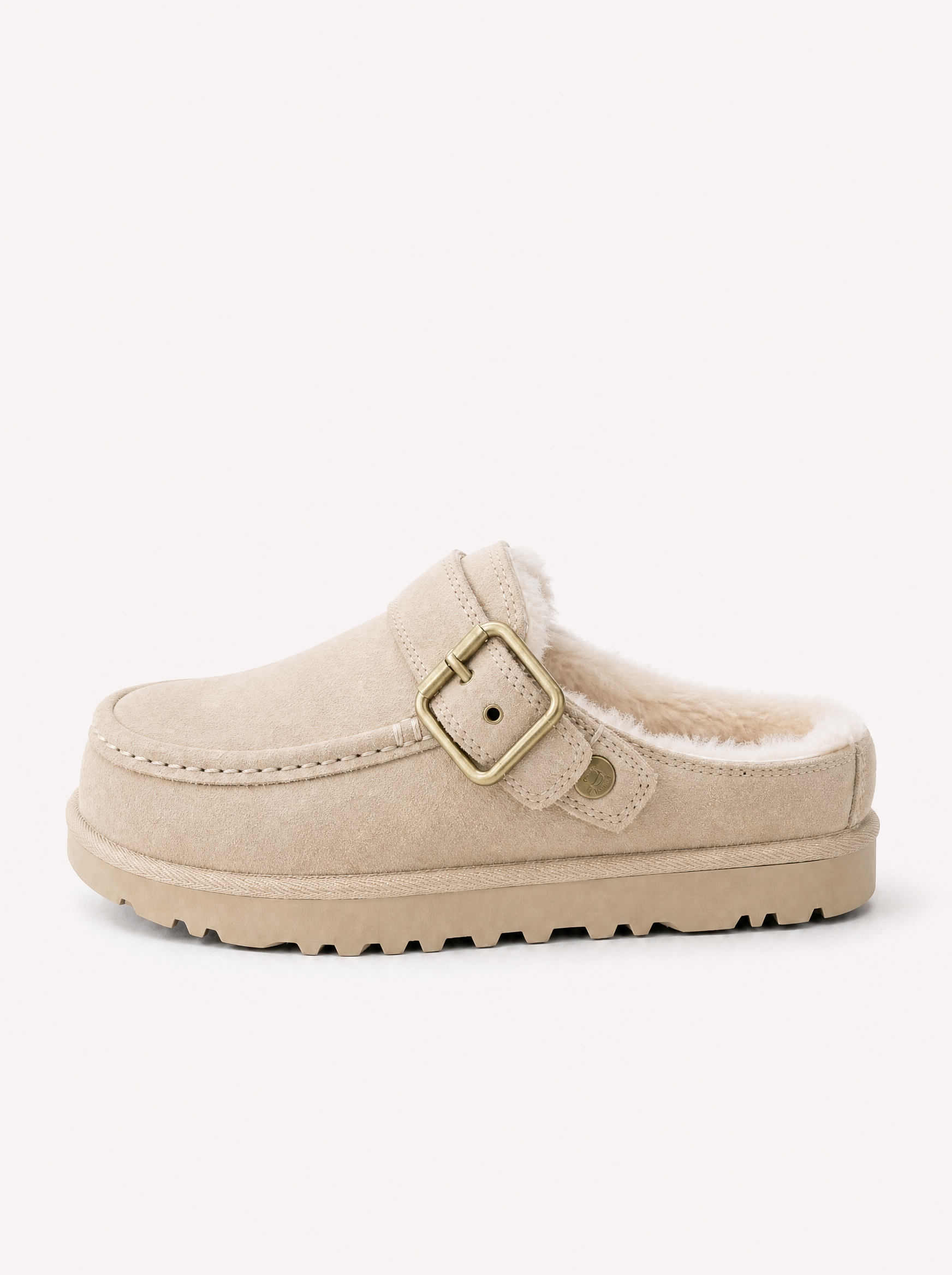 Beige gefütterte Leder-Clogs Damen mit drehbarer Schnalle, Seitenansicht