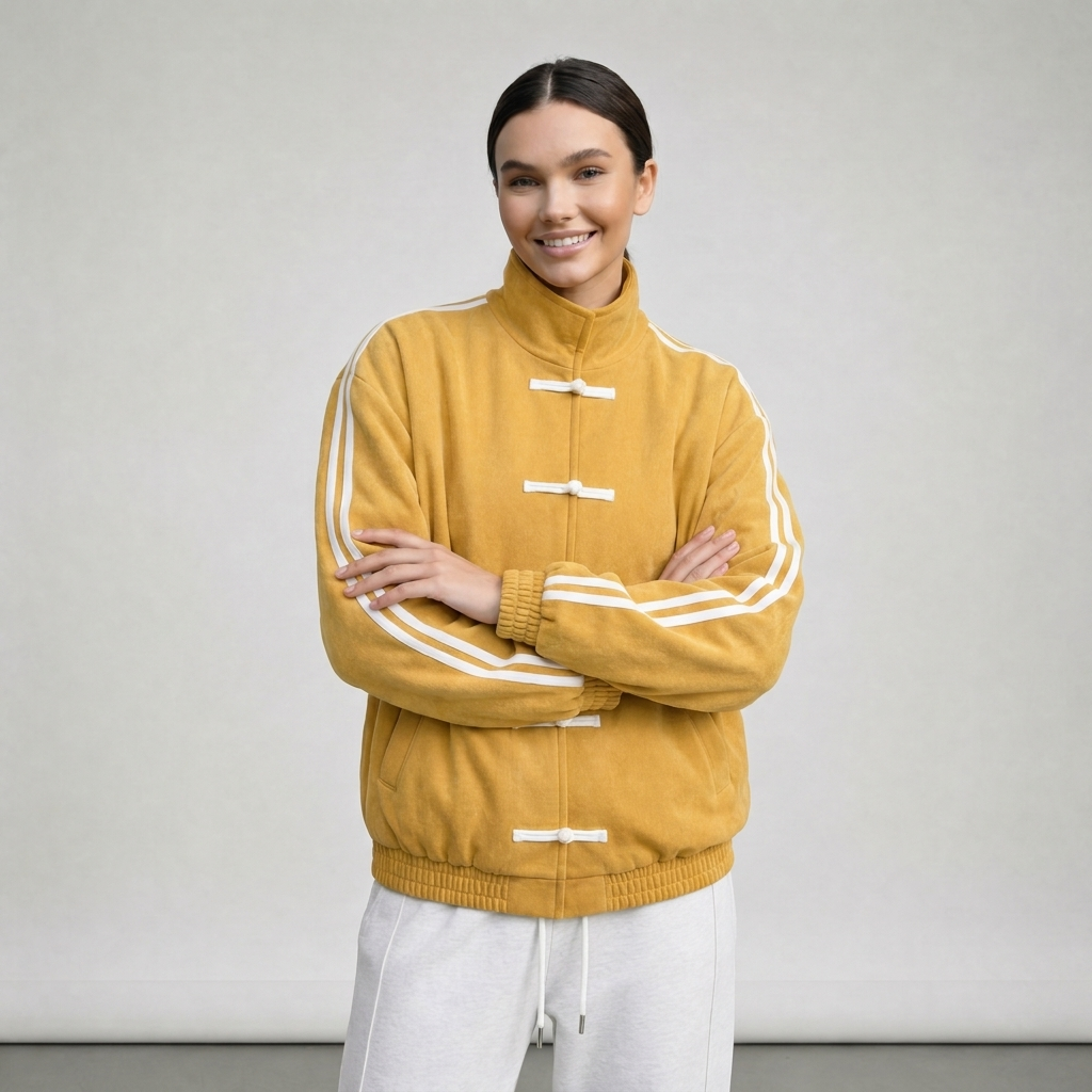 Yúmei Damen-Sportjacke – Sportjacke im Retro-Stil in Gelb mit Knopf- und Schlaufen-Details.