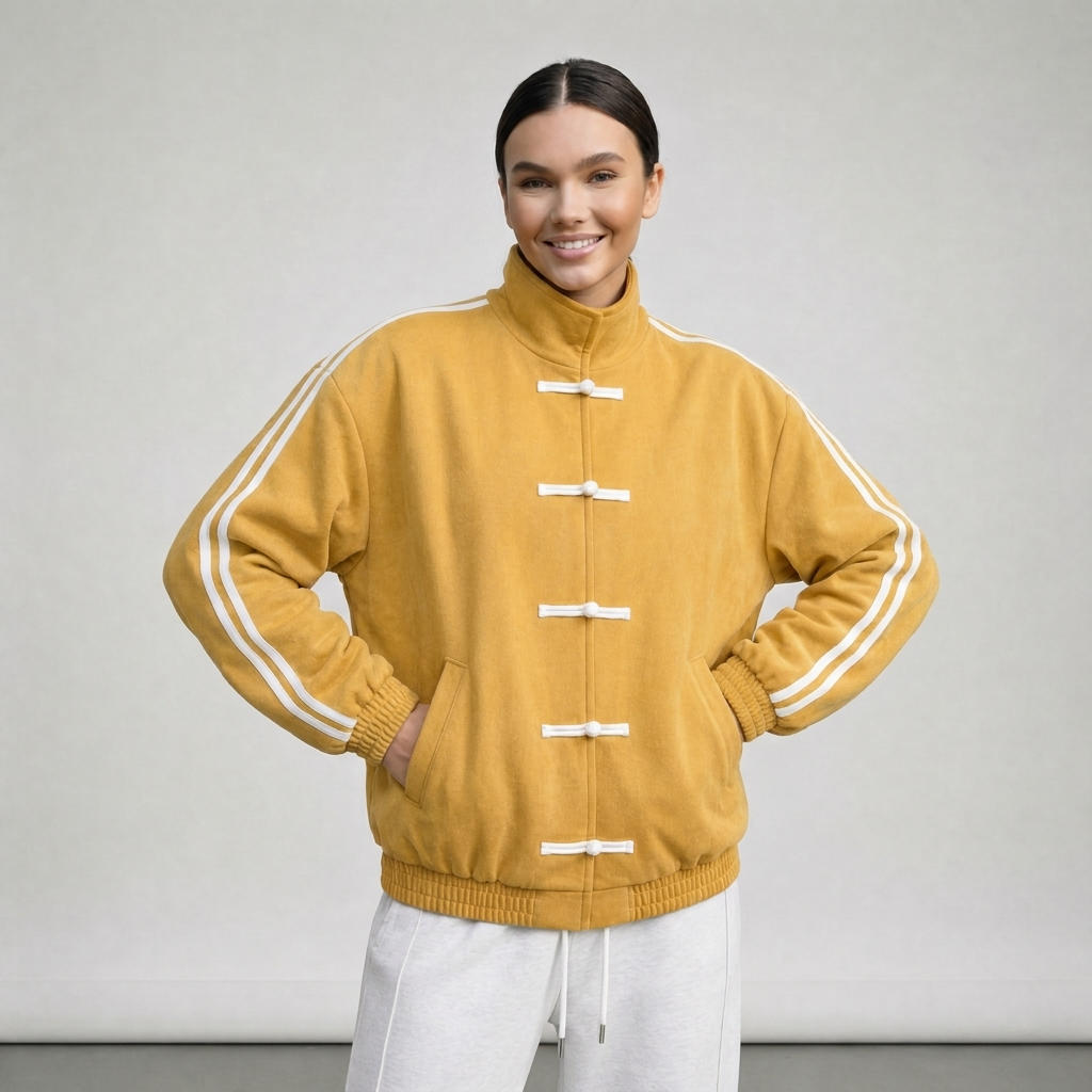 Yúmei Track Jacket Gelb Seitenansicht mit Streifen und Stehkragen