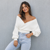 Elvianne Off-Shoulder Strickpullover in Weiß mit Wickeldesign