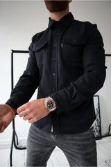 dominic heren overshirt zwart casual en zakelijk outfit
