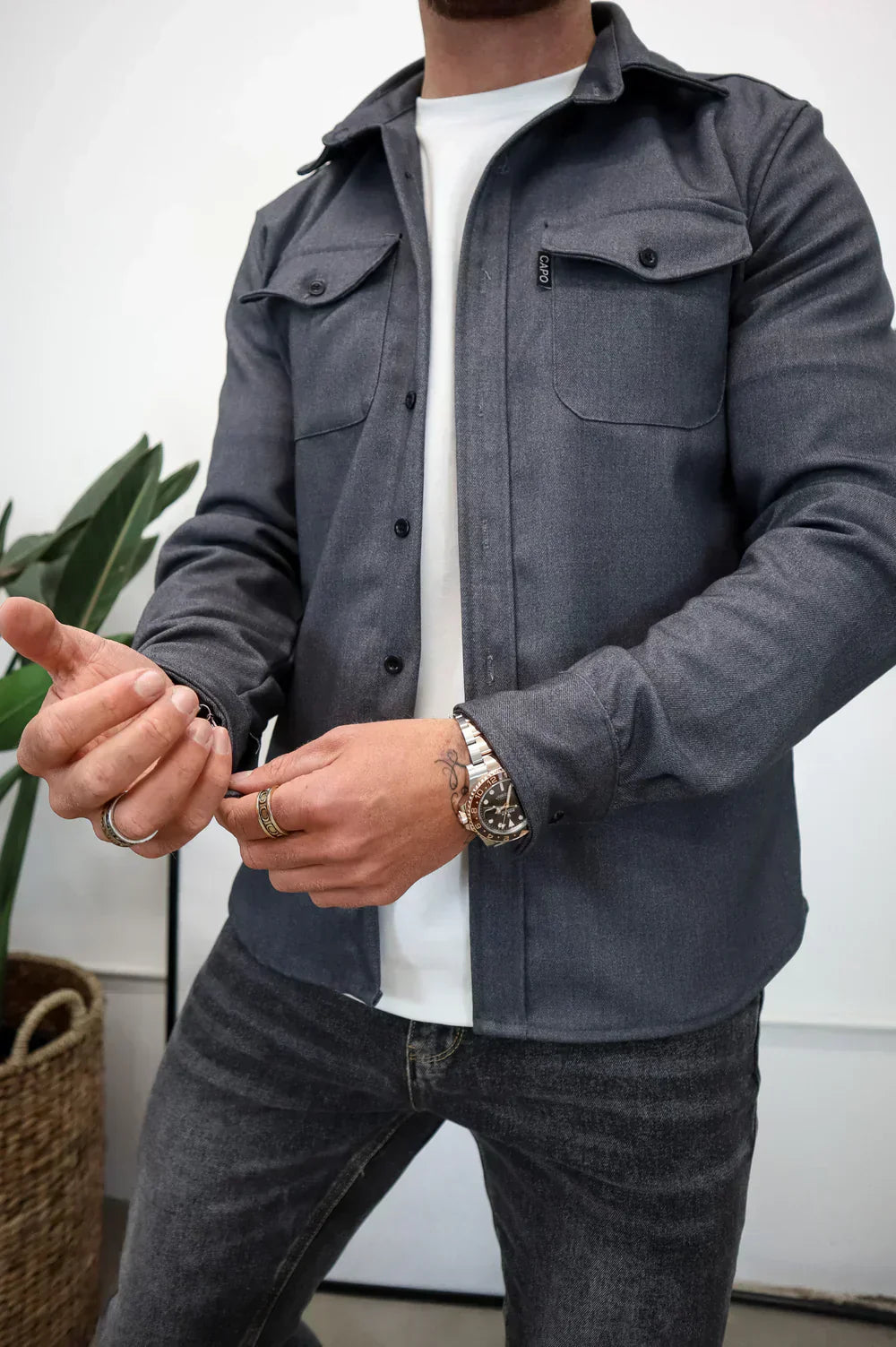 dominic heren casual overhemdjack grijs katoenmix
