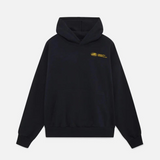 Schwarzer Hoodie mit gelbem Logo Vorderansicht mit Kapuze