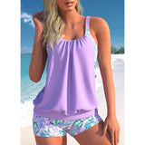 Lila tankini set met tropische short – losvallende top met verstelbare bandjes