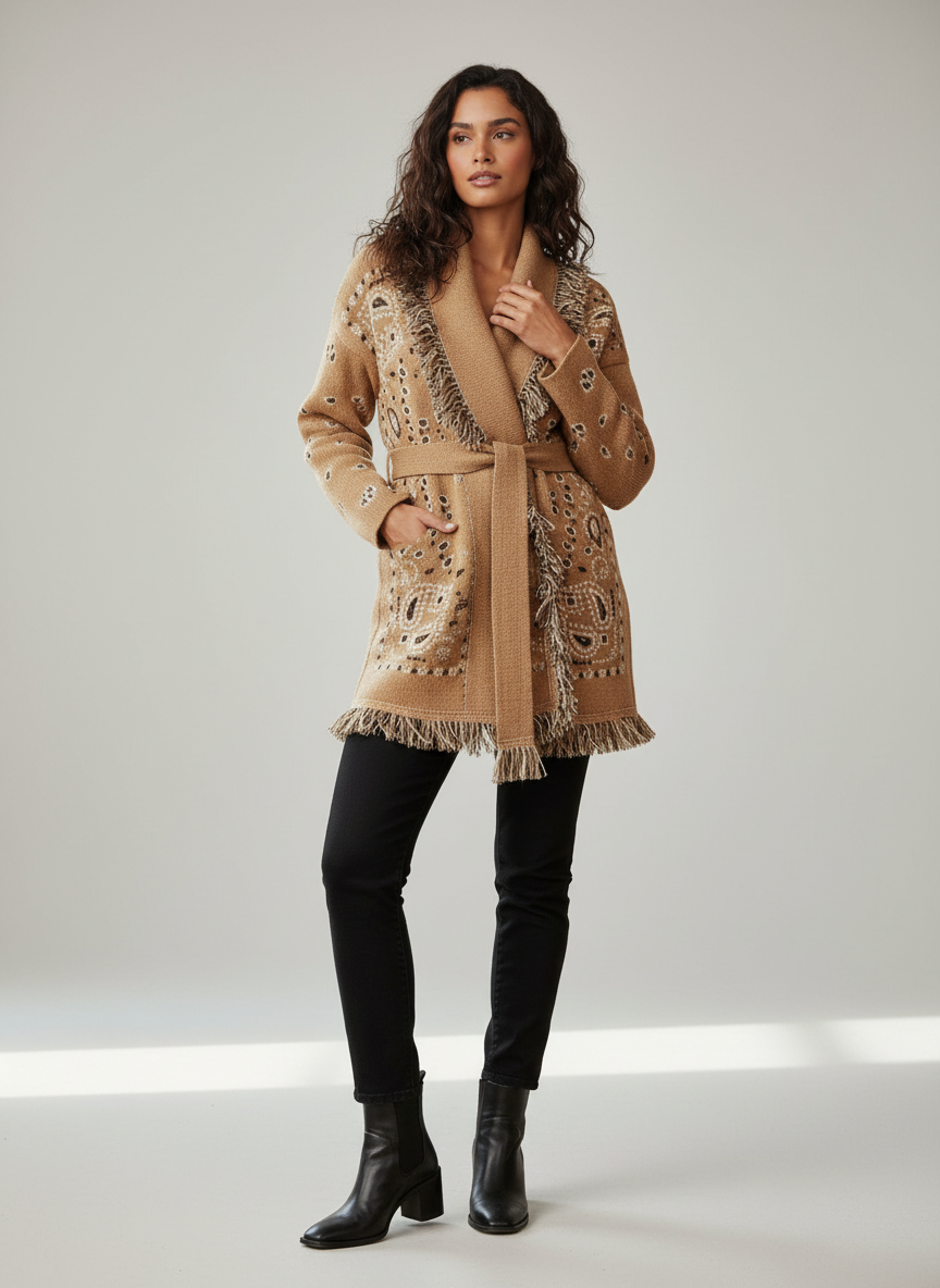 meliora bandana cardigan beige mit fransen und taillengürtel