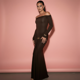 Majestic Allure Maxi | Off-Shoulder Kleid mit Drapierung & Gold-Detail