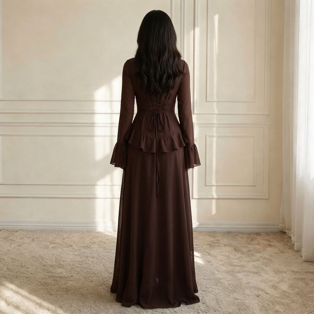 Modell in Elysera Maxikleid Espresso – Detailansicht der Rüschen-Bahn und Trompetenärmel